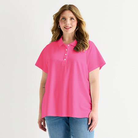 St. John's Bay Womens Plus Adaptive Short Sleeve Easy-on + Easy-off Polo Shirt, 3x, Pink