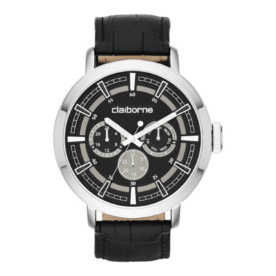 Claiborne® Mens Black Leather Strap Multifunction Watch