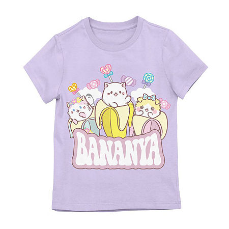 Bananya Little & Big Kid Girls Round Neck Short Sleeve Regular Fit Graphic T-Shirt, Small (7-8), Purple