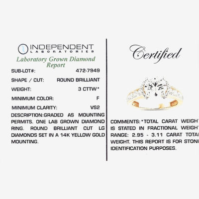 (F / Vs2) Womens 3 CT. T.W. Lab Grown White Diamond 14K Gold Round Side Stone Halo Engagement Ring