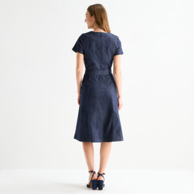 Liz Claiborne Womens Short Sleeve Midi A-Line Dress