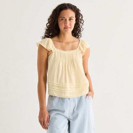 Ana Womens Square Neck Short Sleeve Lace Blouse In Yellow