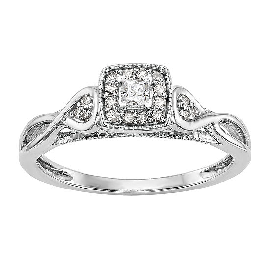 Promise My Love Womens 1/5 CT. T.W. Genuine White Diamond 14K White Gold Square Cushion Side Stone Halo Promise Ring