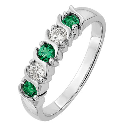 Modern Bride Gemstone 2MM 1/ CT. T.W. Genuine Green Emerald 14K White Gold Wedding Band