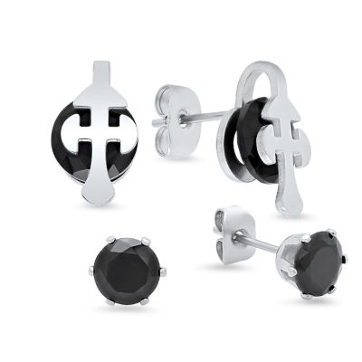 Steeltime Black Cubic Zirconia Stainless Steel 2 Pair Earring Set