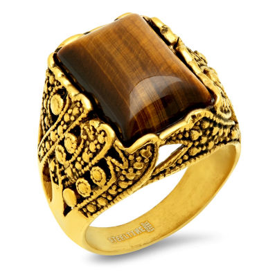 Steeltime Mens Brown Tiger's Eye 18K Gold Over Stainless Steel Fashion Ring