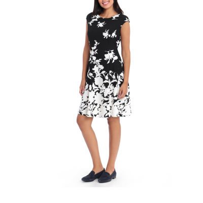 London Style Short Sleeve Floral Fit + Flare Dress, Color: Black Ivory ...