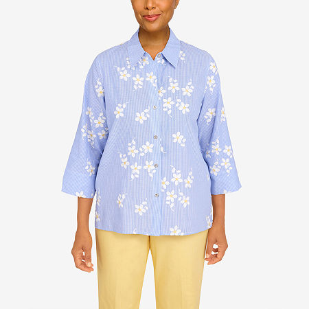  Alfred Dunner Bright Idea Womens 3/4 Sleeve Embroidered Button-Down Shirt
