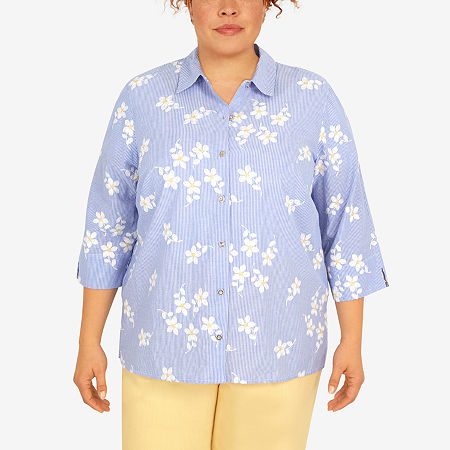  Alfred Dunner Plus Bright Idea Womens 3/4 Sleeve Embroidered Button-Down Shirt