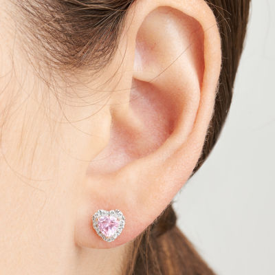 Lab Grown Pink Sapphire & 1/5 CT. T.W. Lab Grown White Diamond 18K Rose Gold Over Silver 8mm Heart Stud Earrings