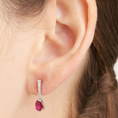 Lab Grown Red Ruby & 1/10 CT. T.W. Lab Grown White Diamond  Sterling Silver Drop Earrings