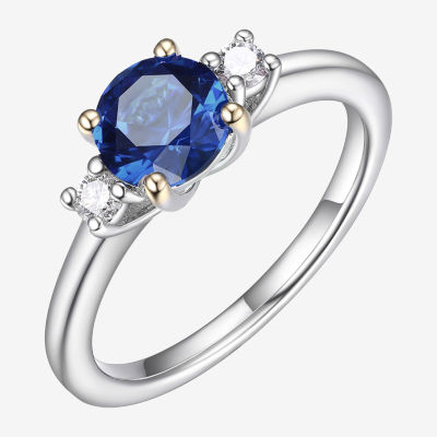 Womens Lab Grown Blue Sapphire & 1/7 CT. T.W. Lab Grown White Diamond Sterling Silver 3-Stone Cocktail Ring