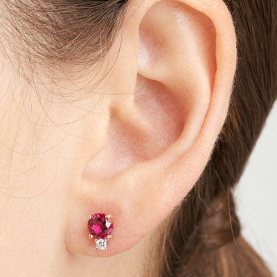 Lab Grown Red Ruby & 1/10 CT. T.W. Lab Grown White Diamond Sterling Silver 8.5mm Stud Earrings