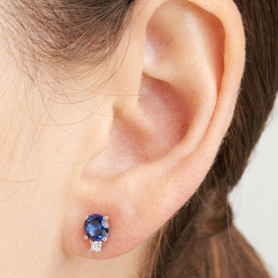 Lab Grown Blue Sapphire & 1/10 CT. T.W. Lab Grown White Diamond Sterling Silver 8.5mm Stud Earrings