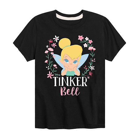 Disney Collection Little & Big Girls Crew Neck Long Sleeve Tinker Bell Graphic T-Shirt, Large, Black