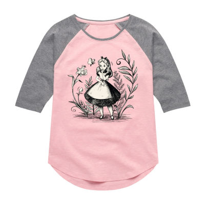 Disney Collection Little & Big Girls Crew Neck 3/4 Sleeve Alice Wonderland Graphic T-Shirt