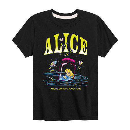 Disney Collection Little & Big Girls Crew Neck Short Sleeve Alice in Wonderland Graphic T-Shirt, Small, Black