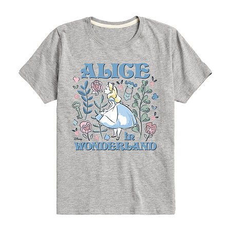 Disney Collection Little & Big Girls Crew Neck Short Sleeve Alice in Wonderland Graphic T-Shirt, Large, Gray