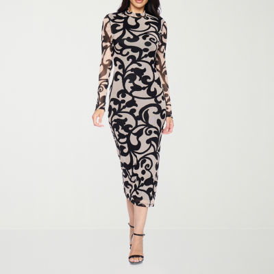 Premier Amour Womens Scroll Long Sleeve Midi Sheath Dress