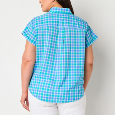 St. John's Bay Womens Plus Easy-on + Easy-off Hidden Access Opening Roll Short Sleeve Regular Fit Button-Down Shirt