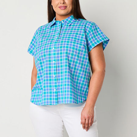 St. John's Bay Womens Easy-on + Easy-off Hidden Access Opening Short Sleeve Roll Sleeve Regular Fit Plus Button-Down Shirt, 1x, Blue