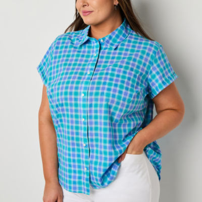 St. John's Bay Womens Plus Easy-on + Easy-off Hidden Access Opening Roll Short Sleeve Regular Fit Button-Down Shirt
