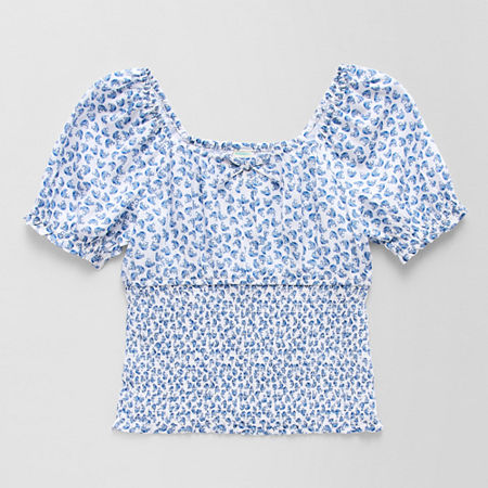 Thereabouts Little & Big Girls Square Neck Short Sleeve Blouse, Small (7-8), Blue