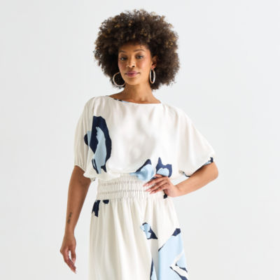 Worthington Womens Boat Neck Elbow Sleeve Satin Blouse