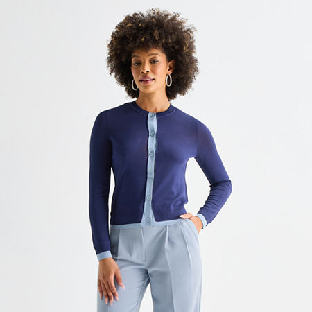 Worthington Womens Crew Neck Long Sleeve Button Cardigan In Blue