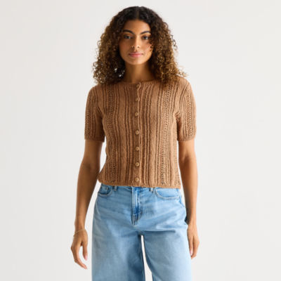 a.n.a Womens Crew Neck Short Sleeve Button Cardigan