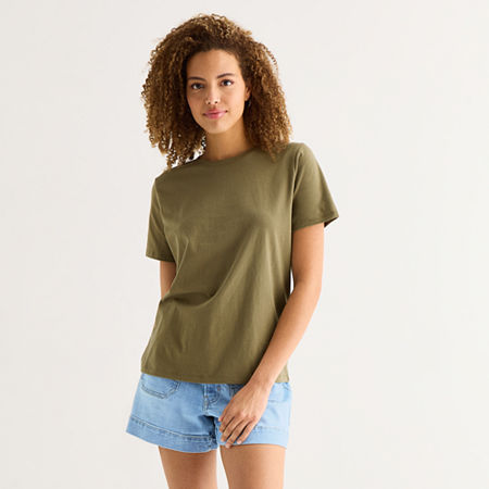 a.n.a Womens Round Neck Short Sleeve T-Shirt, Petite Large, Green