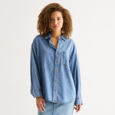 a.n.a Womens Cuffed Long Sleeve Button-Down Shirt