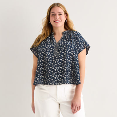 a.n.a Womens Plus Split Crew Neck Short Sleeve Blouse