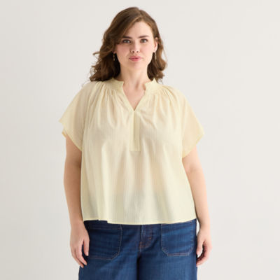 a.n.a Womens Plus Split Crew Neck Short Sleeve Blouse