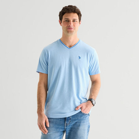 U.S. Polo Assn. Tipped Stretch Mens V Neck Short Sleeve Stretch Fabric T-Shirt, Medium, Blue