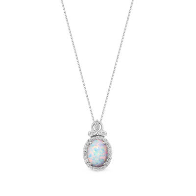 Enchanted Disney Fine Jewelry 1/10 CT. T.W. Diamond and Lab-Created Opal "Cinderella" Sterling Silver Pendant Necklace