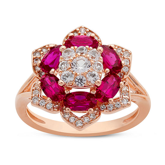 Womens Lab Created Red Ruby 14K Rose Gold Over Silver Flower Cocktail Ring