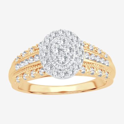 Womens 1/ CT. T.W. Natural White Diamond 10K Gold Oval Side Stone Halo Engagement Ring