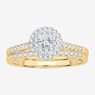Round 1/2 CT.T.W. Natural Diamond Side Stone Halo Bridal Set in 10K or 14K Gold