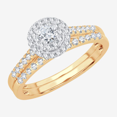 Round 1/2 CT.T.W. Natural Diamond Side Stone Halo Bridal Set in 10K or 14K Gold