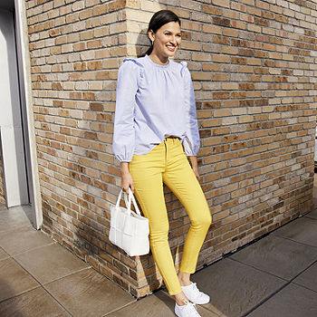 Mellow Yellow St. John's Bay Embroidered Blouse, Skinny Jeans, Stylus  Sneakers & Worthington Woven Tote - JCPenney