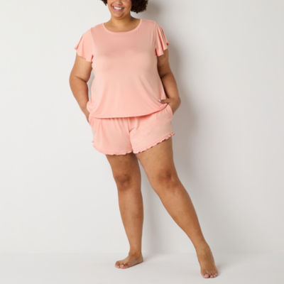 Ambrielle Ruffled Womens Plus Short Sleeve Crew Neck 2-pc. Shorts Pajama Set