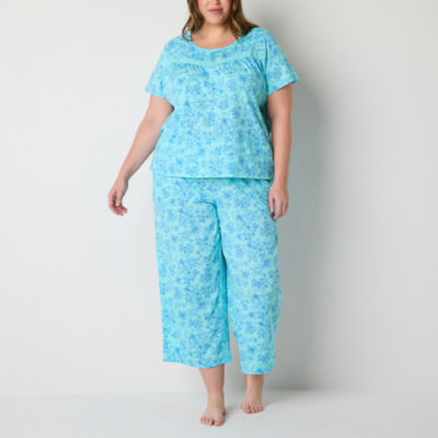 Adonna Womens Plus Crew Neck Short Sleeve 2-pc. Pant Pajama Set