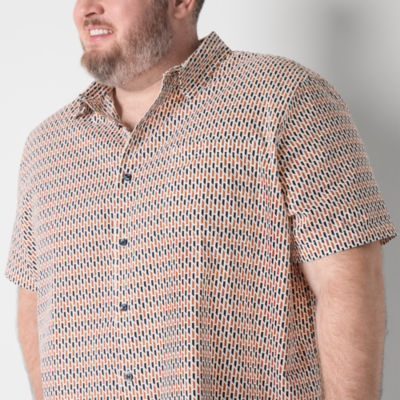 Shaquille O'Neal XLG Linen Big and Tall Mens Classic Fit Short Sleeve Geometric Button-Down Shirt