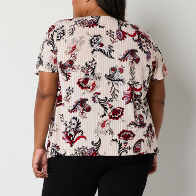 Liz Claiborne Plus Womens Round Neck Short Sleeve Blouse