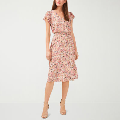 MSK Petite Short Sleeve Floral Midi Fit + Flare Dress