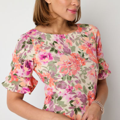 Perceptions Womens Short Sleeve Floral Shift Dress, Color: Ivory Lilac ...