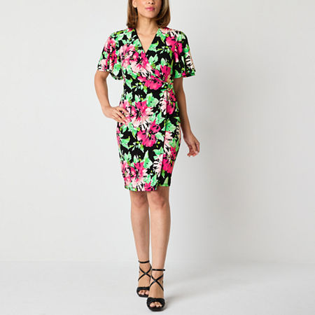 Black Label by Evan-Picone Womens Short Sleeve Floral Sheath Dress, Small, Black