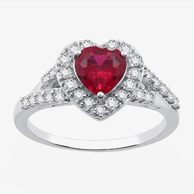 Yes, Please! Womens Lab Created Red Ruby Sterling Silver Heart Halo Side Stone Cocktail Ring