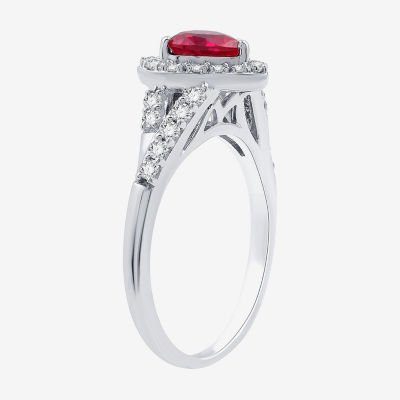 Yes, Please! Womens Lab Created Red Ruby Sterling Silver Heart Halo Side Stone Cocktail Ring